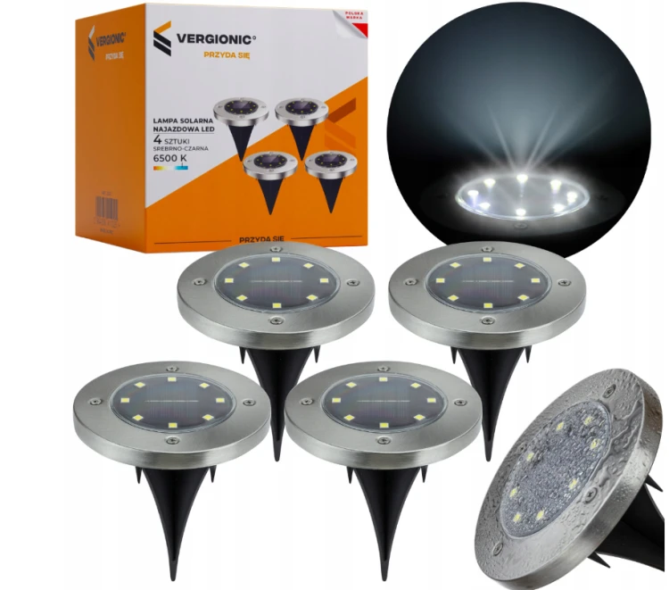 4x Lampa Solarna Ogrodowa LED Najazdowa Gruntowa Dyski Czujnik Zmierzchu