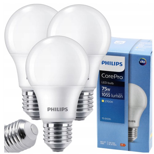 3x Philips Żarówka LED E27 10W = 75W 1055lm 2700K EyeComfort CorePro