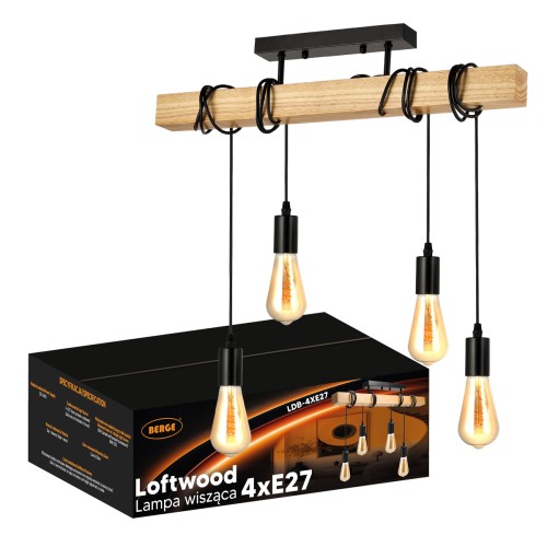 Lampa Drewniana 4xE27 Zwis Czarna