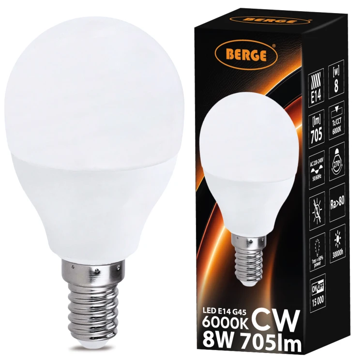 10x Zestaw żarówka LED E14 G45 8W kulka 705lm zimna