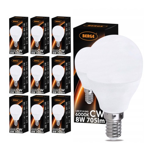 10x Zestaw żarówka LED E14 G45 8W kulka 705lm zimna