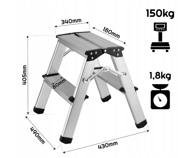 Drabina Aluminiowa Składana 2 Stopniowa Dwustronna Domowa Lekka 40cm 150kg