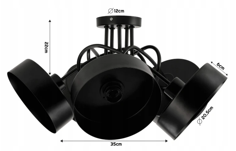 Lampa Sufitowa Żyrandol LED 5xE27 LOFT Zwijana Czarna Kubek Średni