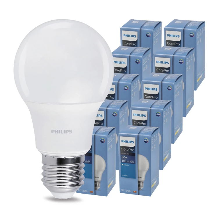 10x Żarówka LED PHILIPS E27 8W A60 – Zimna Barwa 6500K CorePro Premium