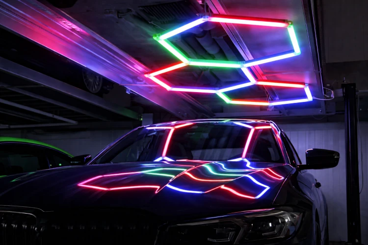 Lampa LED HEXAGON RGB 64W Panel Oświetlenie Warsztat Dom + Aplikacja Pilot