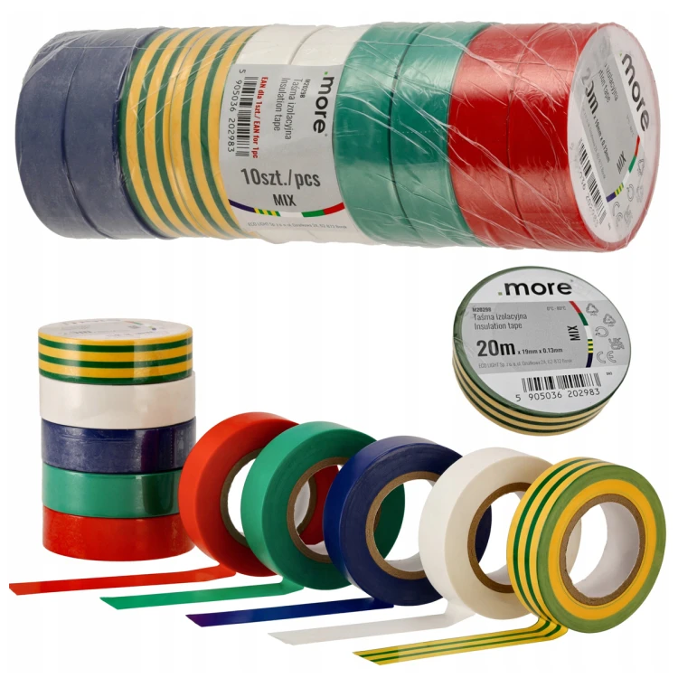 10x Taśma izolacyjna PVC Kolorowa 19mmx0,13mm 20m Elastyczna Uniwersalna