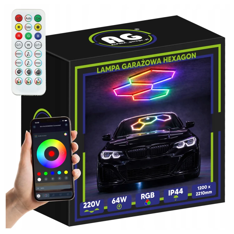 Lampa LED HEXAGON RGB 64W Panel Oświetlenie Warsztat Dom + Aplikacja Pilot
