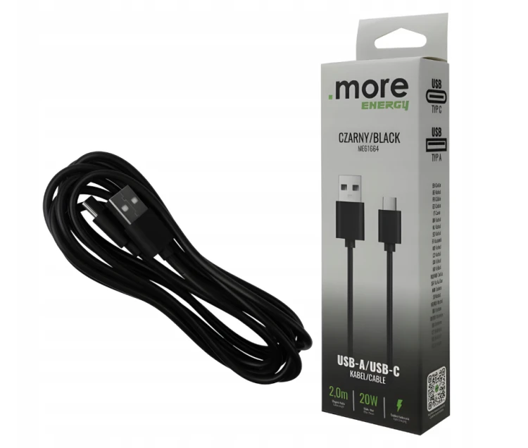 Kabel 2m USB-A - USB-C 20W Sieciowy Czarny Do Ładowania Przesyłania Danych