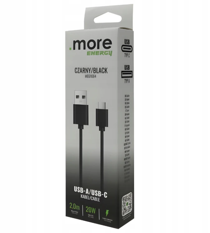 Kabel 2m USB-A - USB-C 20W Sieciowy Czarny Do Ładowania Przesyłania Danych
