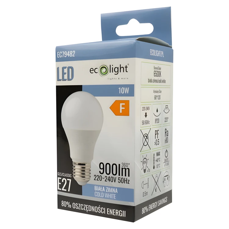 Żarówka LED E27 10W 1000lm 6500K Barwa Zimna A60 Energoszczędna 220-240V AC