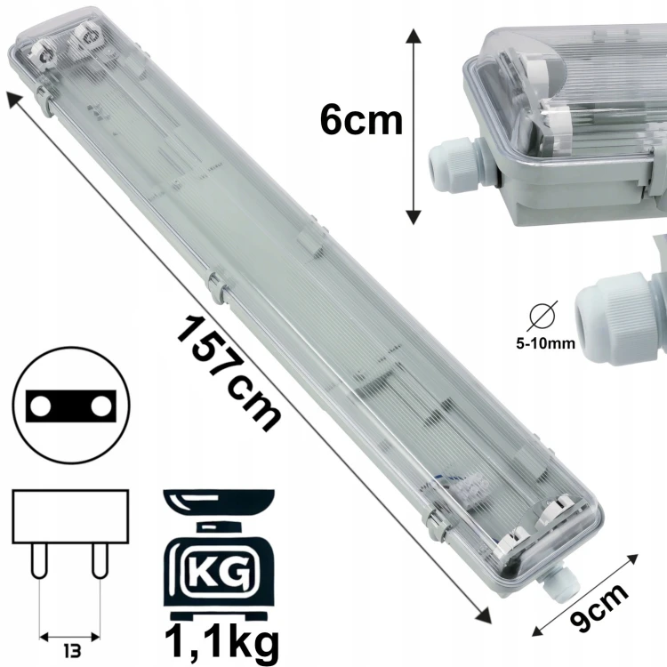 Oprawa Hermetyczna Do Świetlówek Tub LED 2x150cm Lampa Garażowa Warsztatowa