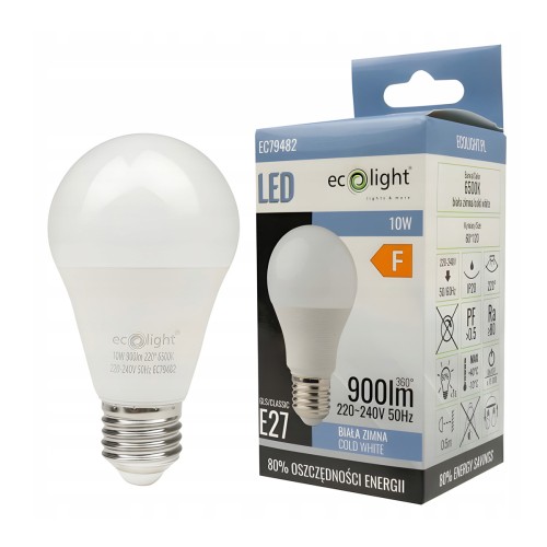 Żarówka LED E27 10W 1000lm 6500K Barwa Zimna A60 Energoszczędna 220-240V AC
