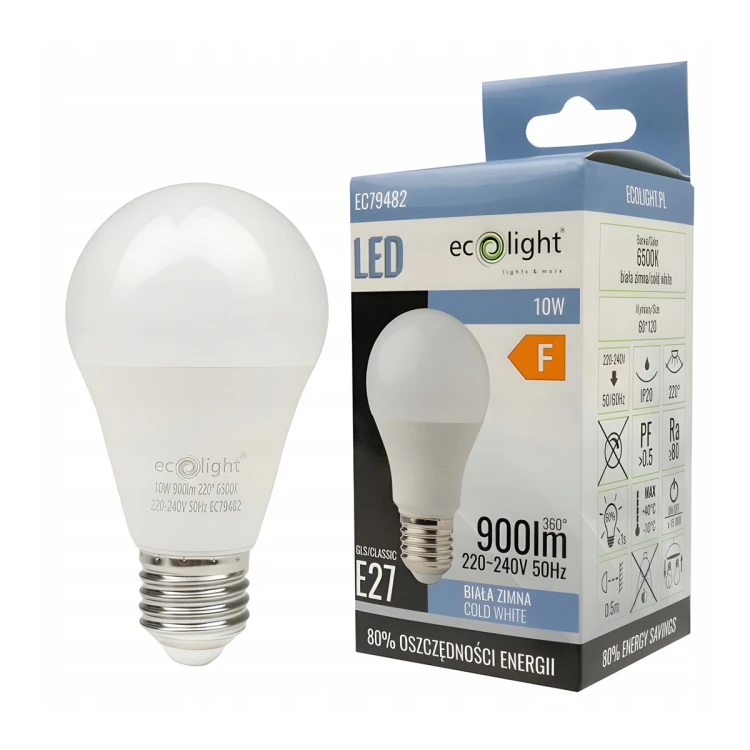 Żarówka LED E27 10W 1000lm 6500K Barwa Zimna A60 Energoszczędna 220-240V AC