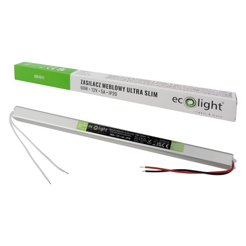 Zasilacz LED Transformator Do Taśmy LED COB SMD Meblowy 5A 60W 12V Wąski