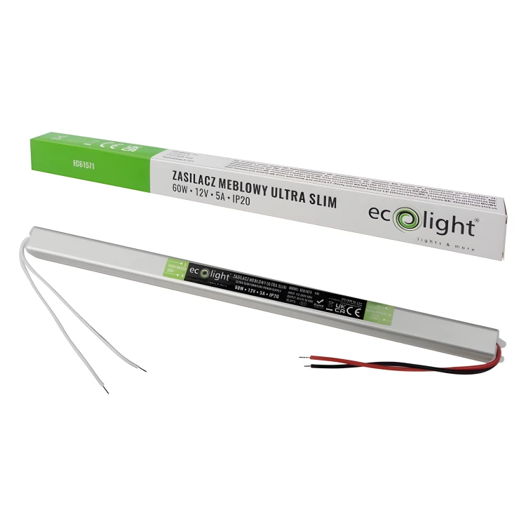 Zasilacz LED Transformator Do Taśmy LED COB SMD Meblowy 5A 60W 12V Wąski