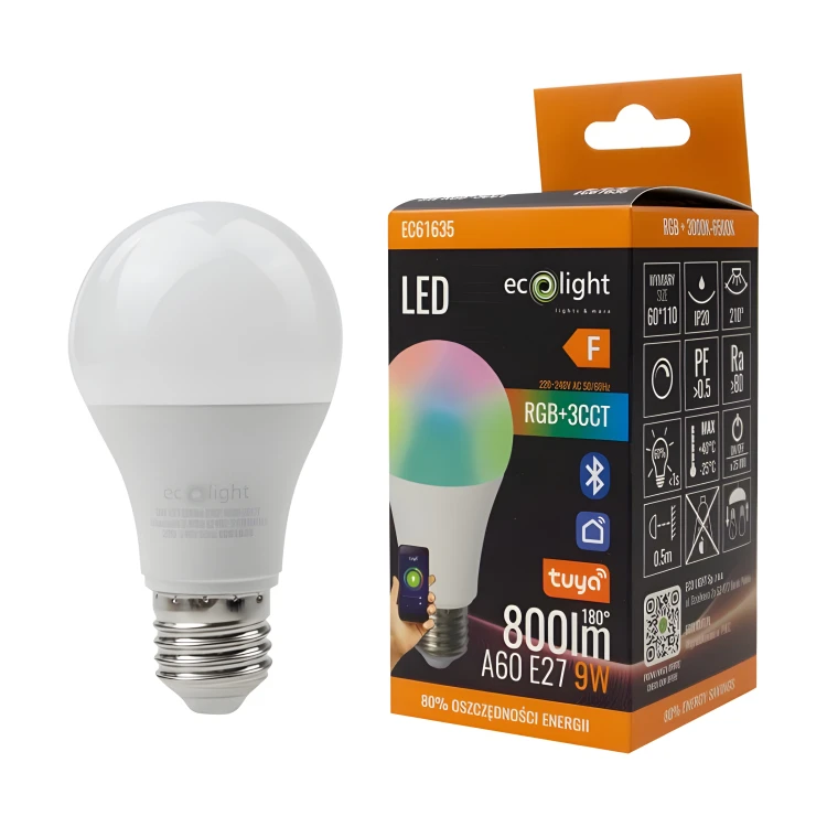 Żarówka LED E27 RGB CCT 9W Bluetooth TUYA SMART Inteligentna Halogenowa