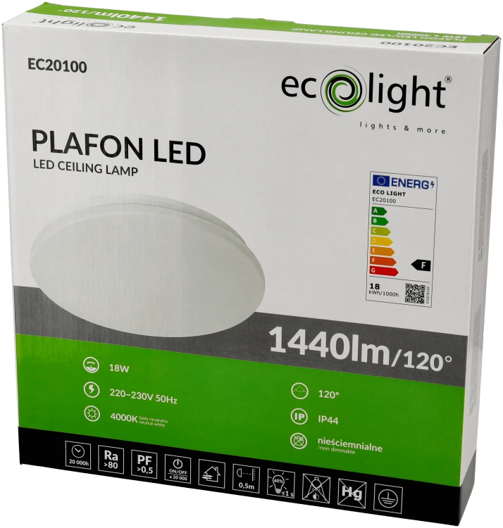 Lampa Sufitowa LED Plafon Natynkowy 18W 1440lm IP44 Szczelna Do Łazienki