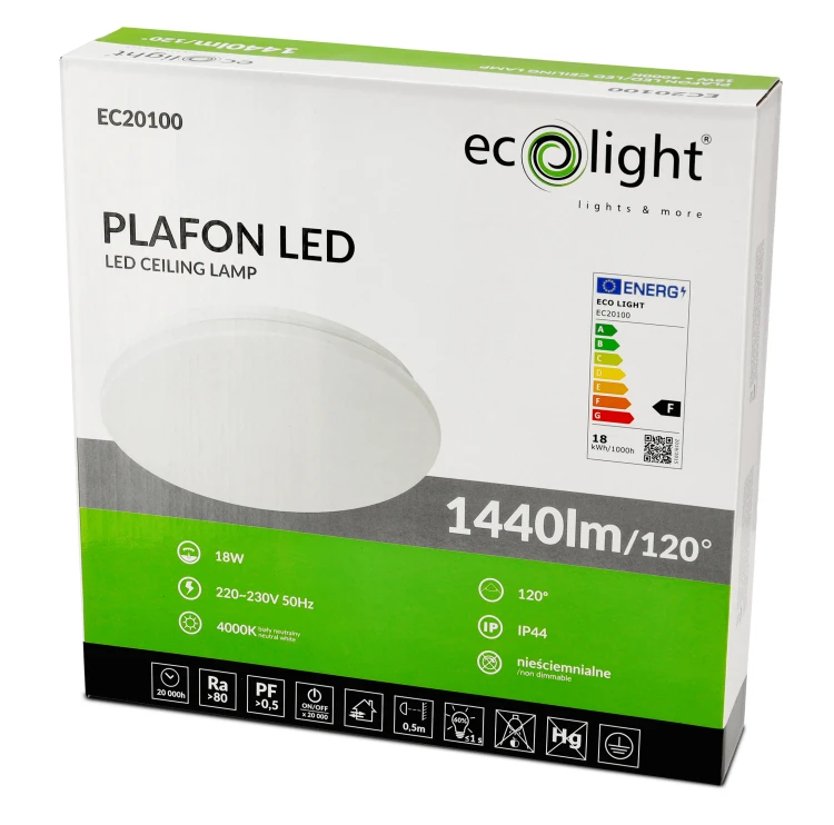 Lampa Sufitowa LED Plafon Natynkowy 18W 1440lm IP44 Szczelna Do Łazienki