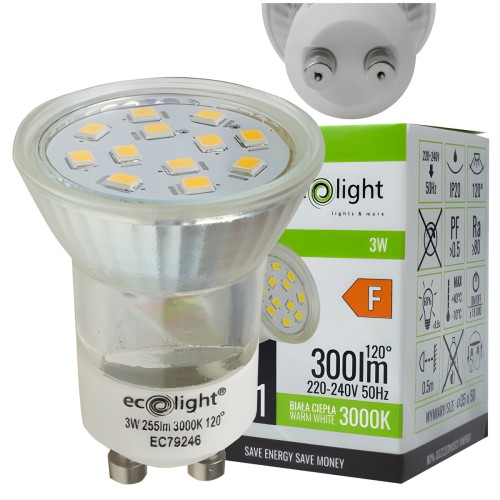 ŻARÓWKA LED GU11 230V 3W = 30W GU10 35mm Barwa Ciepła 3000K Szklana
