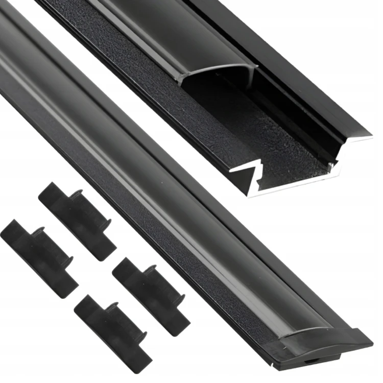 Profil Aluminiowy Podtynkowy do Taśm LED Czarny + Klosz Czarny Zaślepki 2m