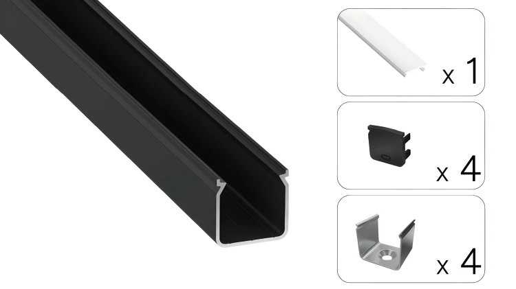 Profil Aluminiowy LED Czarny Natynkowy Nawierzchniowy Klosz Mleczny Zestaw