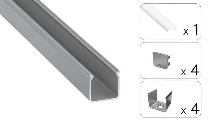 Profil Aluminiowy LED 2m Srebrny Natynkowy Nawierzchniowy Klosz Mrożony Zestaw