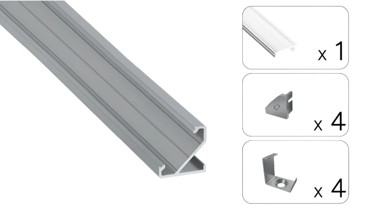 PROFIL ALUMINIOWY DO TAŚMY Srebrny Narożny 2m + Klosz Transparentny Lumines