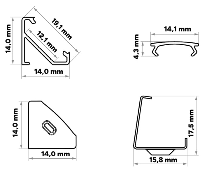 PROFIL ALUMINIOWY DO TAŚMY Srebrny Narożny 2m + Klosz Transparentny Lumines