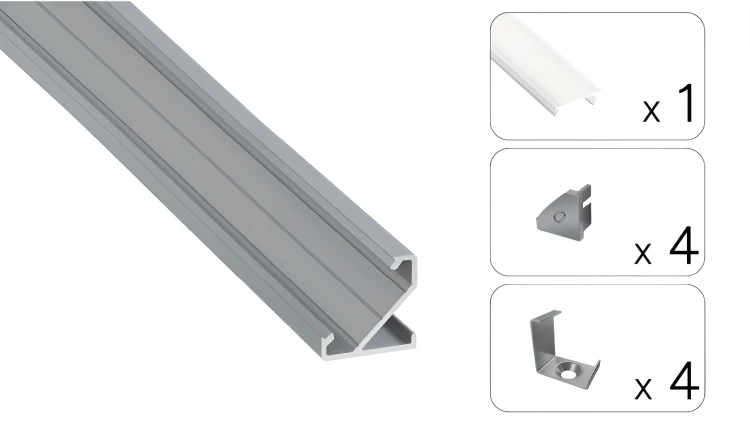 PROFIL ALUMINIOWY DO TAŚMY Srebrny Narożny 2m + Klosz Mrożony Lumines