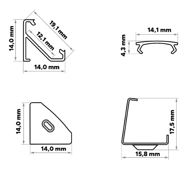 PROFIL ALUMINIOWY DO TAŚMY CZARNY Narożny 2m + Klosz Transparentny Lumines