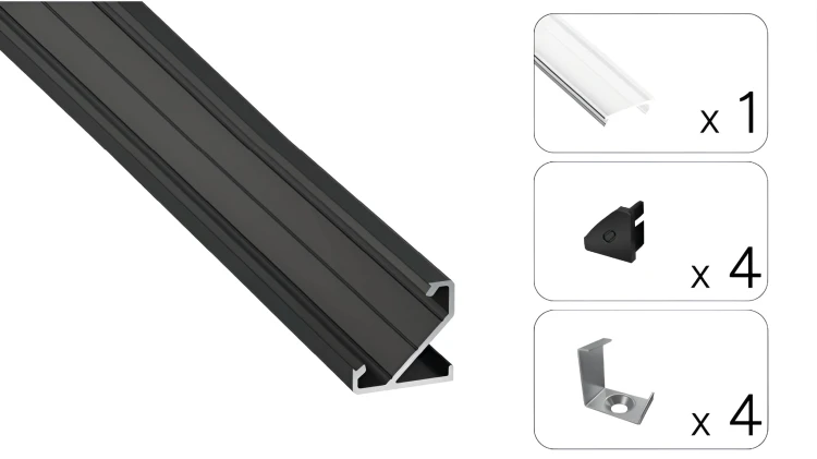PROFIL ALUMINIOWY DO TAŚMY CZARNY Narożny 2m + Klosz Transparentny Lumines