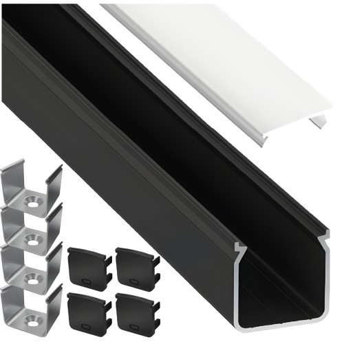 Profil Aluminiowy LED Czarny Natynkowy Nawierzchniowy Klosz Mleczny Zestaw
