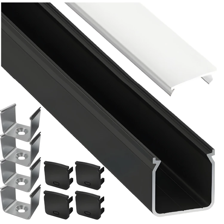 Profil Aluminiowy LED Czarny Natynkowy Nawierzchniowy Klosz Mleczny Zestaw