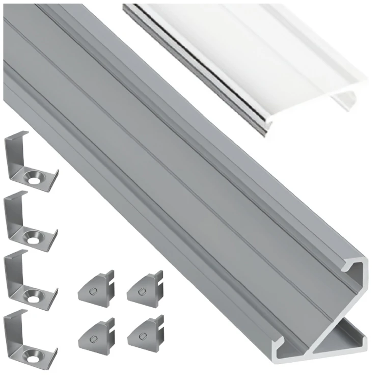 PROFIL ALUMINIOWY DO TAŚMY Srebrny Narożny 2m + Klosz Transparentny Lumines