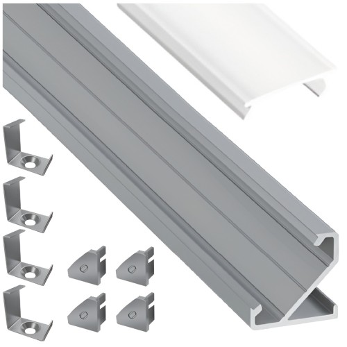 PROFIL ALUMINIOWY DO TAŚMY Srebrny Narożny 2m + Klosz Mrożony Lumines