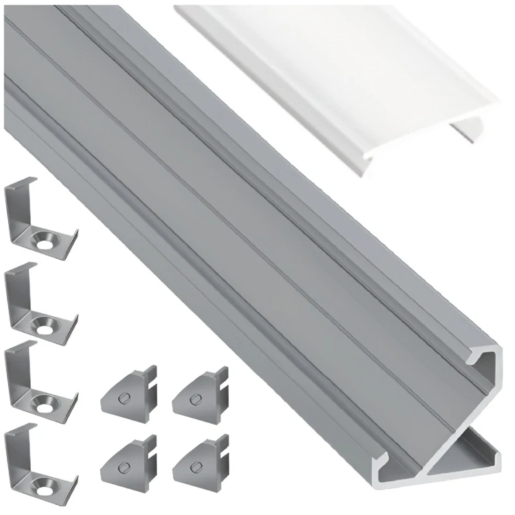 PROFIL ALUMINIOWY DO TAŚMY Srebrny Narożny 2m + Klosz Mrożony Lumines