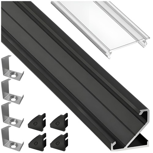PROFIL ALUMINIOWY DO TAŚMY CZARNY Narożny 2m + Klosz Transparentny Lumines