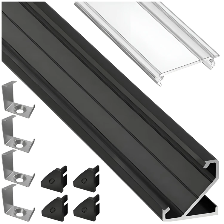 PROFIL ALUMINIOWY DO TAŚMY CZARNY Narożny 2m + Klosz Transparentny Lumines