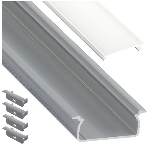 Profil Aluminiowy Do LED Srebrny Wpuszczany + Klosz Mrożony 2m Zestaw