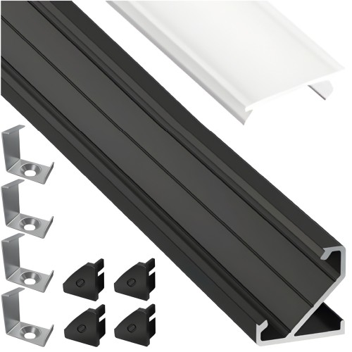 PROFIL ALUMINIOWY DO TAŚMY LED CZARNY Narożny 2m + Klosz Mrożony Lumines