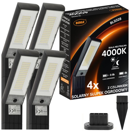 Zestaw 4x Lampy Solarne Ogrodowe LED Z Czujnikiem Zmierzchu Słupek Mocny
