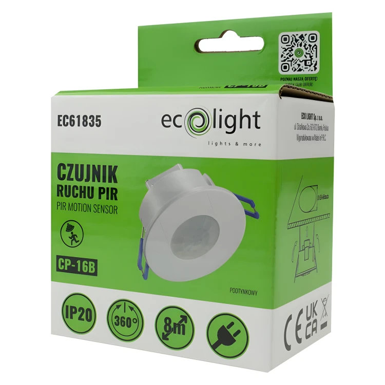 Czujnik Ruchu PIR Wpuszczany Podtynkowy Sensor Czujka 360° Regulowana LED