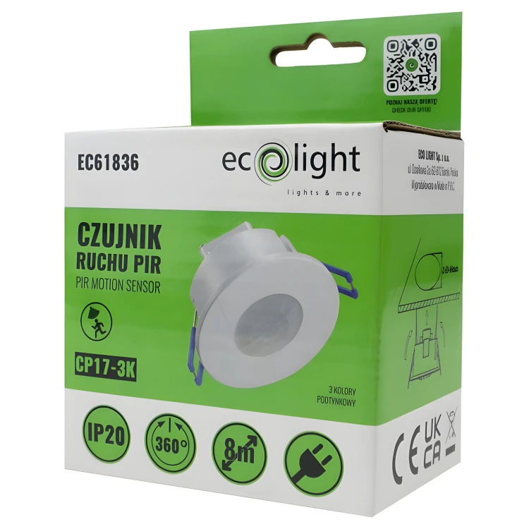 CZUJNIK RUCHU SUFITOWY CZUJKA DO WBUDOWANIA LED 360° ZMIERZCHU PODTYNKOWY