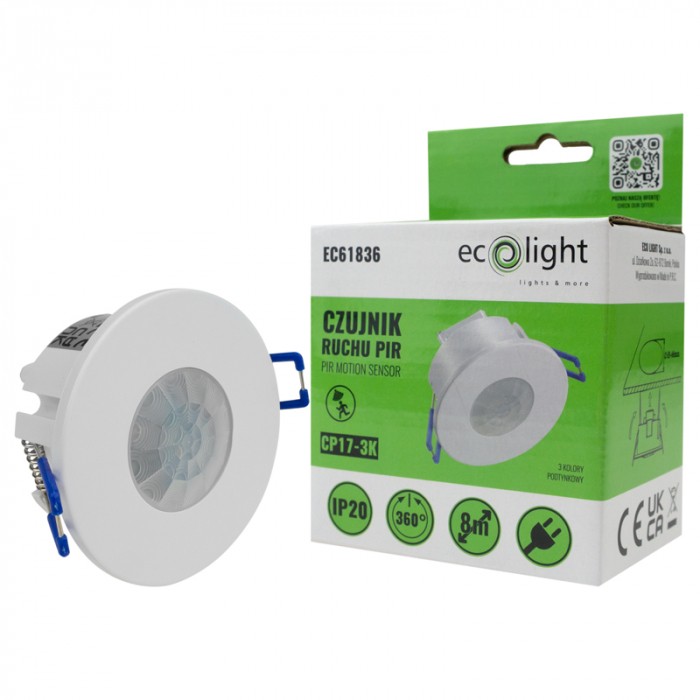 CZUJNIK RUCHU SUFITOWY CZUJKA DO WBUDOWANIA LED 360° ZMIERZCHU PODTYNKOWY