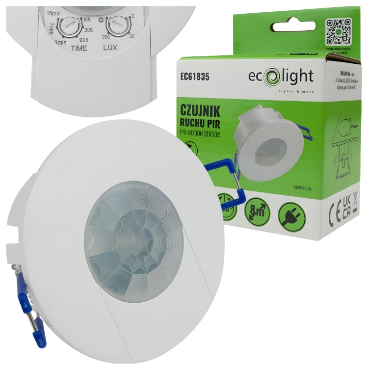 Czujnik Ruchu PIR Wpuszczany Podtynkowy Sensor Czujka 360° Regulowana LED