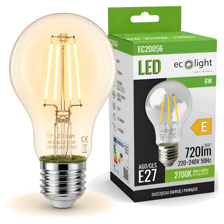 Żarówka LED E27 6W 720lm Filament Edison Retro Ozdobna Do Lamp 2700K Ciepła