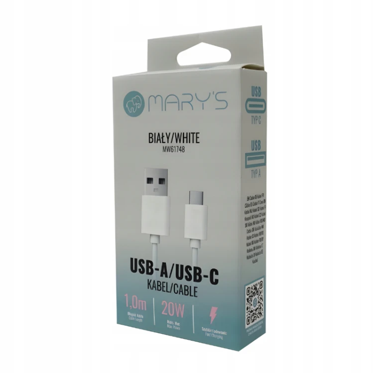 Kabel 1m USB-A - USB-C 20W Sieciowy Biały Do Ładowania Przesyłania Danych