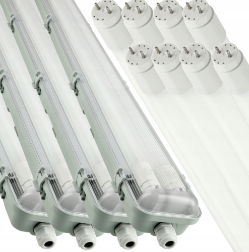 4x Oprawa Hermetyczna LED 120cm + Świetlówki Lampa Z Odbłyśnikiem ZESTAW