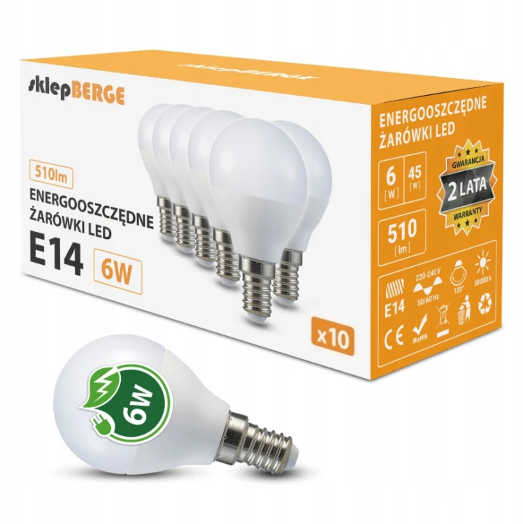 10x Żarówka LED E14 G45 7W = 60W 600lm Barwa Światła 4500K Dzienna Berge