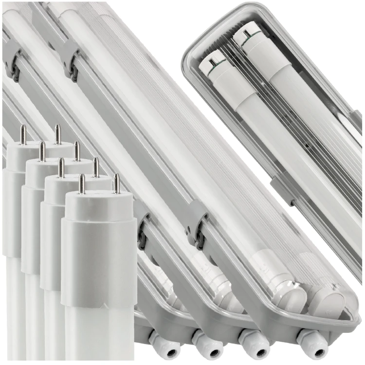 4X Oprawa Hermetyczna LED 60cm Lampa + Świetlówki LED Tuby Zestaw Garażowy